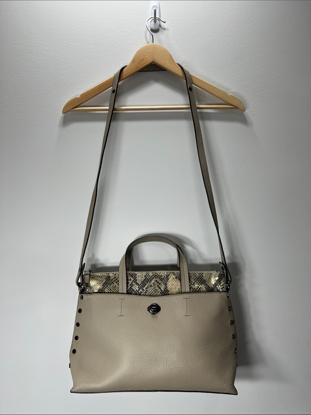 Aimee Kestenberg Neutral Color Leather Hand/Crossbody Bag with Snakeskin Accent